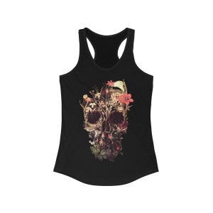 Bloom Skull Women&#39;s Tank Top, Womens Racerback Sugar Skull Tank Top, Gothic Flower Skull Tank Top Gift For Her