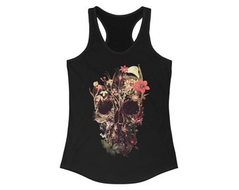 Bloom Skull Women's Tank Top, Womens Racerback Sugar Skull Tank Top, Gothic Flower Skull Tank Top Gift For Her