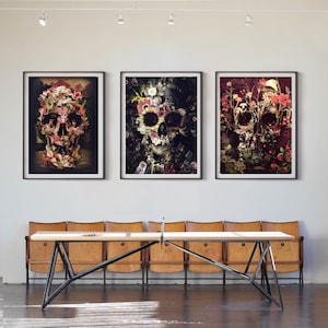 Set Of 3 Flower Skull Print, Boho Skull Set Home Decor, Gothic Skull Poster Set, Floral Sugar Skull Wall Art Gift