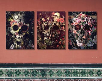 Sugar Skull Leinwand Kunstdrucke: Gothic Floral Skull Wanddekoration, 3er Set