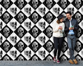 Skull Wallpaper Home Decor, Checkered Skull Art Print Traditional Wallpaper Gift, Marble Pattern Black And White Floral Wallpaper