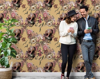 Flower Skull Wallpaper Home Decor, Boho Skull Art Print Traditional Wallpaper, High Quality Colorful Sugar Skull Floral Wallpaper Wall Decor