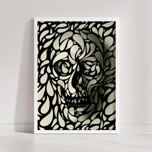 May include: A black and white abstract illustration of a skull with a pattern of teardrop shapes. The skull is in the center of the image and is surrounded by the teardrop shapes.