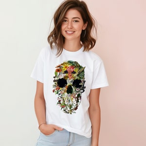 Damen Schädel Shirt, Unisex Stück gefärbt T-Shirt, Halloween-T-Shirt Geschenk, Gothic Schädel-T-Shirt Geschenk für sie