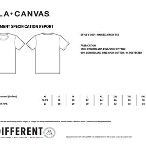 May include: A size chart for a unisex jersey tee shirt. The chart shows the measurements in inches for the chest and body length from the high point of shoulder for sizes XS to 5XL. The fabric is 100% combed and ring-spun cotton or 99% combed and ring-spun cotton, 1% polyester.