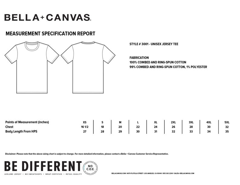 May include: A size chart for a unisex jersey tee shirt. The chart shows the measurements in inches for the chest and body length from the high point of shoulder for sizes XS to 5XL. The fabric is 100% combed and ring-spun cotton or 99% combed and ring-spun cotton, 1% polyester.