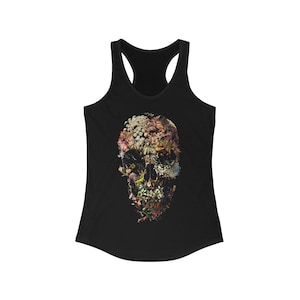 Blooming Skull Women's Tank Top, Womens Racerback Sugar Skull Tank Top, Gothic Flower Skull Tank Top Gift For Her, Summer Skull Top Gift