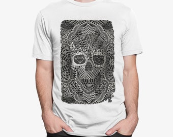 Lace Skull Graphic Tee: Black and White Gothic Art Print Shirt
