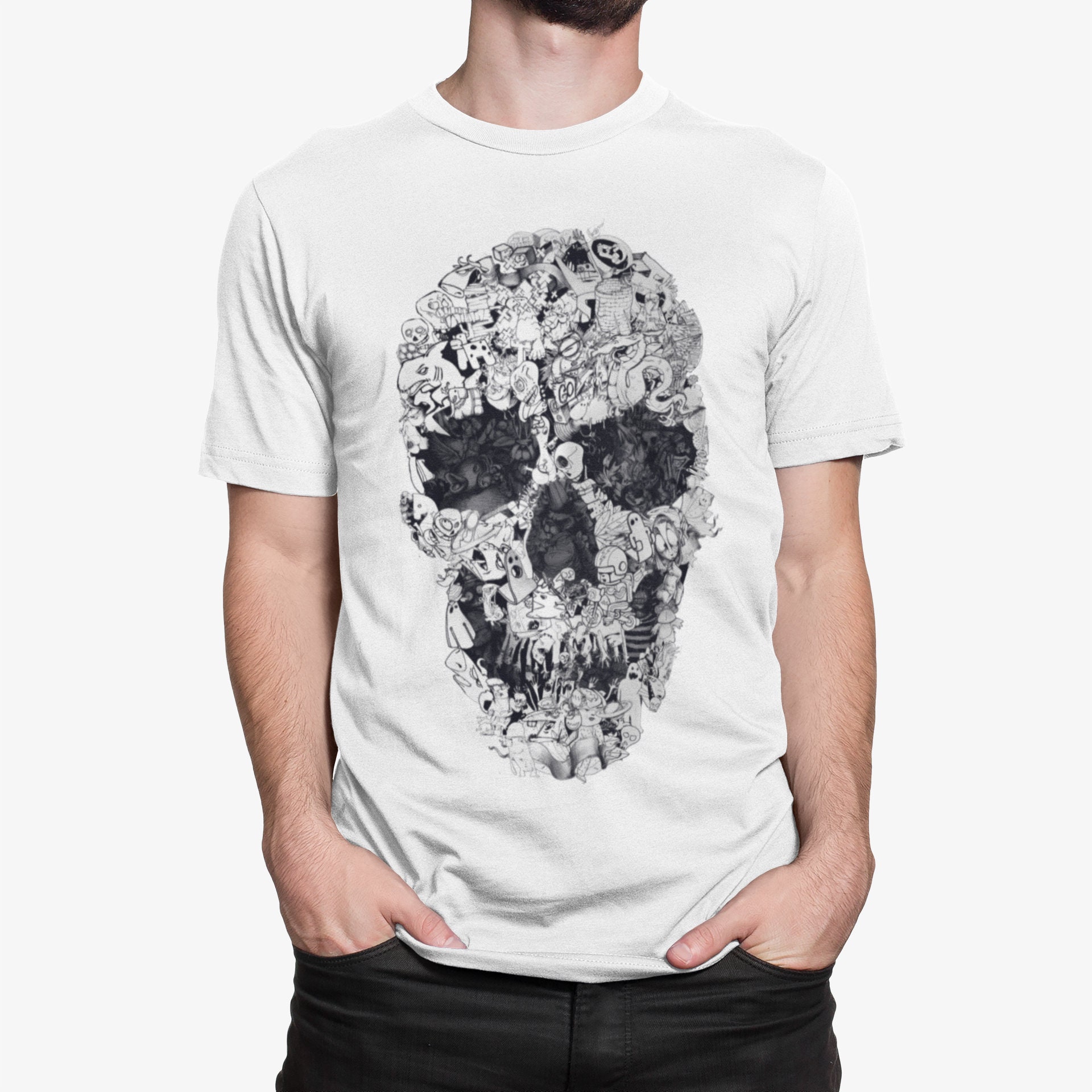 Doodle Skull Men\'s T-shirt, Skull Art Print Mens Tshirt, Black and White  Mens Graphic Tees, Skull Print Gift for Him - Etsy | T-Shirts