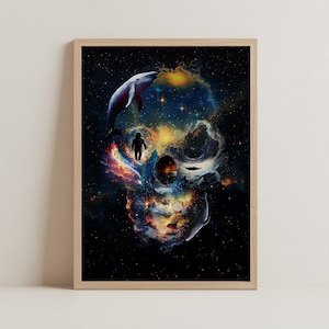 Illustrazione del teschio della galassia / Arte a tema spaziale su tela e opzioni con cornice
