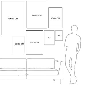 Puede incluir: Un diagrama que muestra diferentes tama&ntilde;os de marcos y tama&ntilde;os de papel. Los tama&ntilde;os est&aacute;n etiquetados en cent&iacute;metros. Los tama&ntilde;os incluyen 70x100 cm, 60x80 cm, 40x60 cm, 35x50 cm, 50x70 cm, A3 y A4.