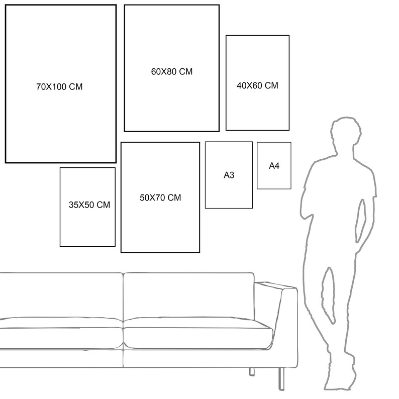 Puede incluir: Un diagrama que muestra diferentes tama&ntilde;os de marcos y tama&ntilde;os de papel. Los tama&ntilde;os est&aacute;n etiquetados en cent&iacute;metros. Los tama&ntilde;os incluyen 70x100 cm, 60x80 cm, 40x60 cm, 35x50 cm, 50x70 cm, A3 y A4.