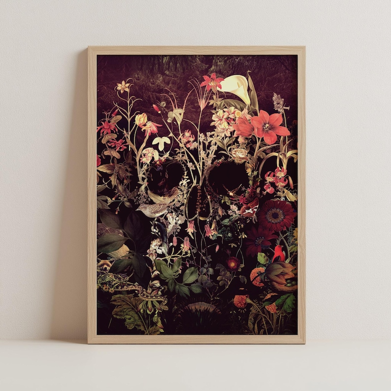May include: A dark, moody floral skull illustration with a variety of flowers, leaves, and a bird in the skull's eye sockets.
