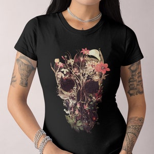 Bloom Skull Womens T-Shirt, Sugar Skull Art Tshirt Gift For Her, Floral Skull Print Boho Graphic Tee, Flower Skull Bella Canvas T-Shirt