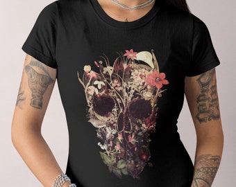 Bloom Skull Womens T-Shirt, Sugar Skull Art Tshirt Gift For Her, Floral Skull Print Boho Graphic Tee, Flower Skull Bella Canvas T-Shirt