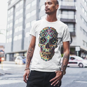 Abstract Skull Men's T-shirt, Printed Skull Art Tshirt, Original Sugar Skull Mens Shirt, Mens Graphic Tee, Bella Canvas Cool Skull Art Print image 2