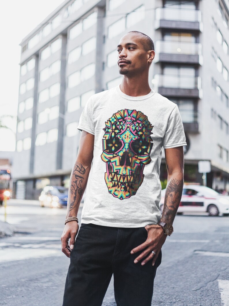 Abstract Skull Men's T-shirt, Printed Skull Art Tshirt, Original Sugar Skull Mens Shirt, Mens Graphic Tee, Bella Canvas Cool Skull Art Print image 2