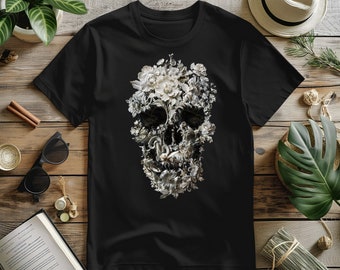 T-shirt graphique floral tête de mort - Chemise d'art gothique en toile Bella