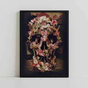 Nature Skull Art Print - Tier- und Pflanzenverschmelzung Poster - Boho Gothic Wanddekoration - Einzigartiges Geschenk für Naturliebhaber