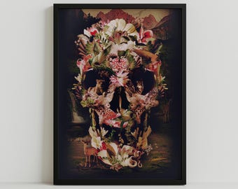 Floral Skull Art Print: Boho Gothic Nature Fusion