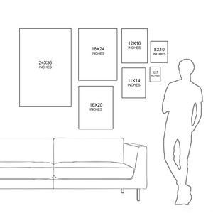 Puede incluir: Un diagrama que muestra diferentes tama&ntilde;os de obras de arte enmarcadas, incluyendo 24x36 pulgadas, 18x24 pulgadas, 16x20 pulgadas, 12x16 pulgadas, 11x14 pulgadas, 8x10 pulgadas y 5x7 pulgadas. Tambi&eacute;n se muestra un sof&aacute; y una persona en la imagen.