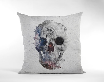 Floral Skull Throw Pillow, Boho Skull Spun Polyester Square Pillow, Gothic Sugar Skull Home Decor, Skull Pillow Decor Gift