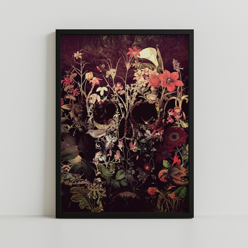 May include: A dark, abstract skull-shaped image made of flowers and foliage. The skull is formed by a variety of flowers in shades of red, pink, and white, with green leaves and vines. The background is a dark, almost black, color.