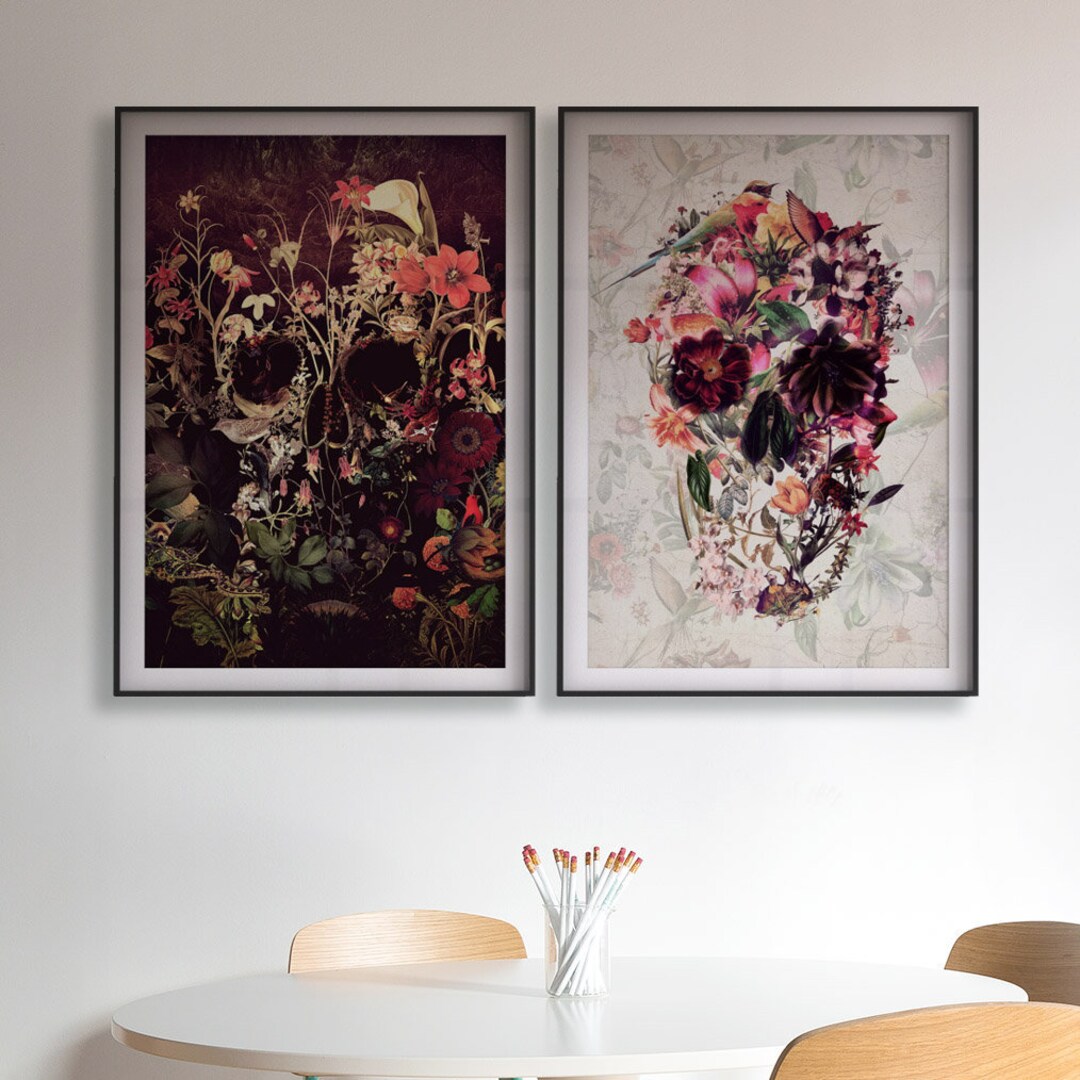 Set of 2 Skull Art Print, Flower Skull Print Poster Set, Floral Skull