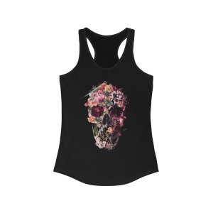 Boho Skull Women's Tank Top, Racerback Womens Floral Skull Tank Top, Gothic Flower Skull Tank Gift For Her, Sugar Skull Tank Top Gift