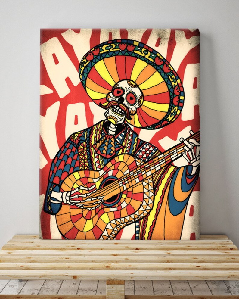 Mariachi Canvas Print Mexican Sugar Skull Wall Art Colorful Stretched Home Decor Ilration By Ali Gulec
