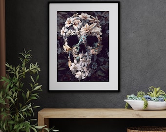 Gothic Flower Skull Art Print: Dark Halloween Illusion