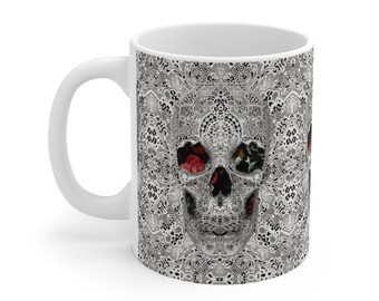 Skull Mug Gift, Sugar Skull Pattern Mug, Lace Skull Ceramic Coffee Mug, Gothic Floral Skull Mug, Sugar Skull Art Gothic Kitchenware Gift