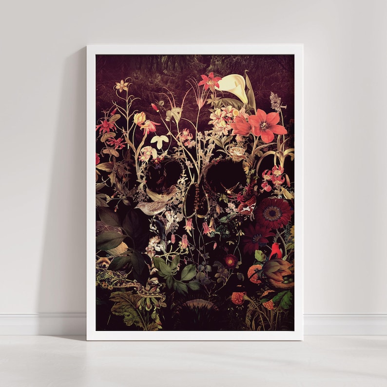 May include: A dark, abstract floral skull with a variety of flowers, leaves, and birds. The skull is made up of the flowers and leaves, creating a unique and beautiful image.