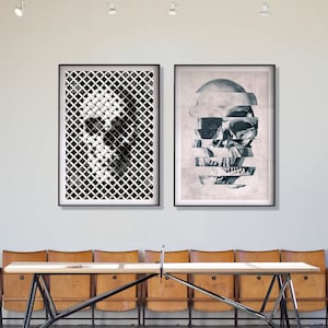 Schedelafdrukset, set van 2 schedelafdrukken, moderne schedel woondecoratie, abstracte schedel poster, glitch art woondecoratie, schedel muurkunst print cadeau