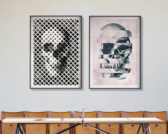 Skull Print Set: Modern Abstract Glitch Art Home Decor