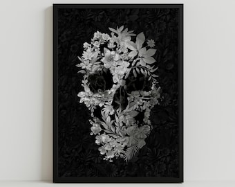 Floral Skull Art Print: Gothic Dark Boho Home Decor