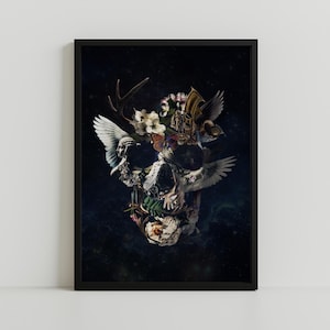 May include: A dark, abstract collage of a skull with wings, flowers, and other natural elements. The skull is surrounded by a dark, starry background.