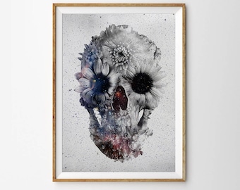 Floral Skull Art Print: Black & White Sugar Skull Home Decor