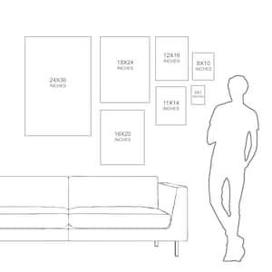 Puede incluir: Un diagrama que muestra diferentes tama&ntilde;os de obras de arte enmarcadas, incluyendo 24x36 pulgadas, 18x24 pulgadas, 16x20 pulgadas, 12x16 pulgadas, 11x14 pulgadas, 8x10 pulgadas y 5x7 pulgadas. Tambi&eacute;n se muestra un sof&aacute; y una persona en la imagen.