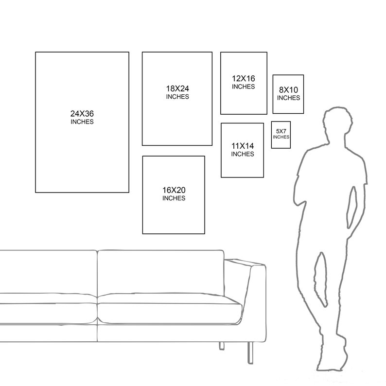 Puede incluir: Un diagrama que muestra diferentes tama&ntilde;os de obras de arte enmarcadas, incluyendo 24x36 pulgadas, 18x24 pulgadas, 16x20 pulgadas, 12x16 pulgadas, 11x14 pulgadas, 8x10 pulgadas y 5x7 pulgadas. Tambi&eacute;n se muestra un sof&aacute; y una persona en la imagen.