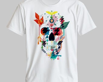 Abstract Skull T-Shirt: Colorful Surrealist Graphic Tee, Boho Goth Style