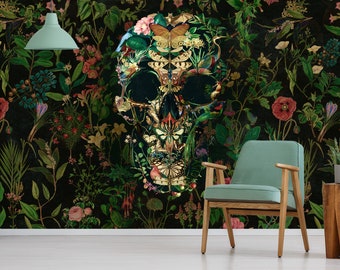 Floral Wallpaper Skull Home Decor, Flower Skull Art Print Traditional Wallpaper, High Quality Colorful Sugar Skull Wallpaper Wall Decor