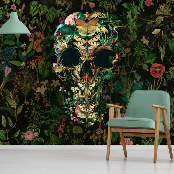 Floral Wallpaper Skull Home Decor, Flower Skull Art Print Traditional Wallpaper, High Quality Colorful Sugar Skull Wallpaper Wall Decor