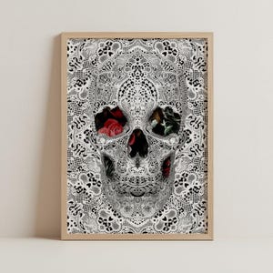 Poster regalo teschio, arte in bianco e nero di Ali Gulec / Opzioni su tela, carta e cornice