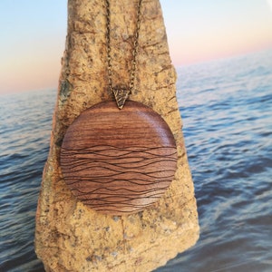 Wooden Necklace Pendant - Waves Necklace - Handmade Wood Jewelry  - Upcycled Walnut - Sustainable - Water - One of a Kind - Statement