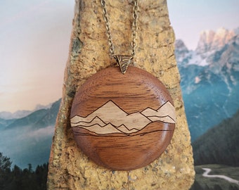 Wooden Necklace Pendant - Mountain Necklace - Handmade Wood Jewelry  - Upcycled Walnut- Sustainable - Laser - One of a Kind - Statement