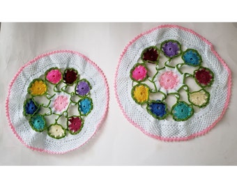 Colorful 2 Multicolor Floral Handmade Doilies Crochet