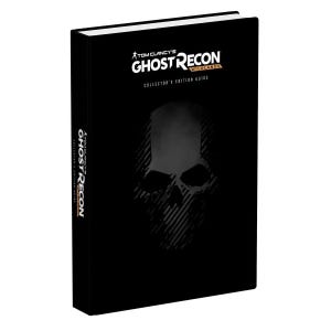 Może przedstawiać: Czarna książka w twardej oprawie zatytułowana "Tom Clancy's Ghost Recon Wildlands Collector's Edition Guide". Okładka zawiera grafikę czaszki i logo gry w kolorze białym. Grzbiet również wyświetla tytuł gry.