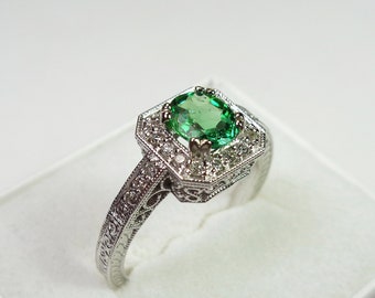 Tsavorite Garnet Engagement Ring. 14kt. White Gold with Diamond Accents. Only One Made!