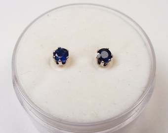 Genuine 3mm. Round, Black Sapphire, Stud Earrings in Sterling Silver.